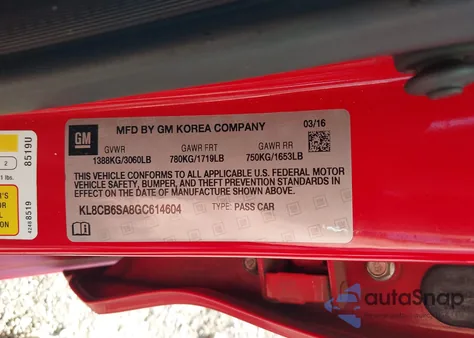 2016 Chevrolet Spark Ls Cvt из США, поврежденный, VIN KL8CB6SA8GC614604